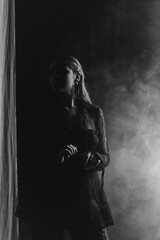 Fototapeta premium A mysterious woman stands in silhouette against a bright window, surrounded by dramatic smoke and shadows