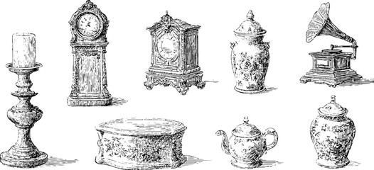 Vintage antiques collection: hand drawn engraved illustrations of classic clocks and elegant decor