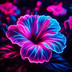 An hibiscus flower with vibrant neon pink and blue glowing edges, creating an electric and artistic close-up against a dark background.