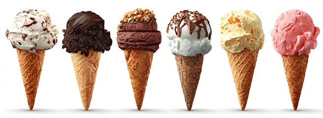 Variety of soft serve ice cream cones in different flavors isolated on white background