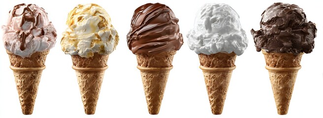 Variety of soft serve ice cream cones in different flavors isolated on white background