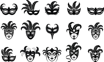 Collection of Vintage Masquerade and Carnival Mask Icons in Black and White Vector Illustration
