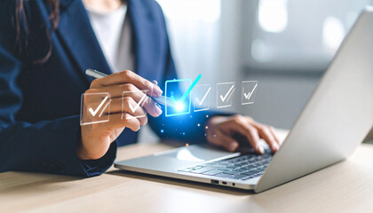 Businesswomen tick mark an assessment and evaluation. Answer the test questions concept. Business approves project concept. business quality checking