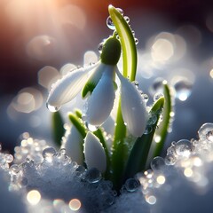 A snowdrop flower, covered in glistening water droplets, emerging from a bed of melting snow and ice, illuminated by soft sunlight.
