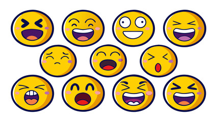 Fototapeta premium Cartoon Emoji Face Set – Yellow Expressions in Flat Hand-Drawn Style on Transparent Background 