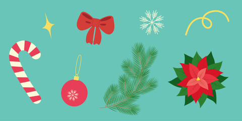 Hand Drawn Candy Cane Poinsettia Snowflakes Pine Twigs Ball Ribbon Baw Christmas design elements Set