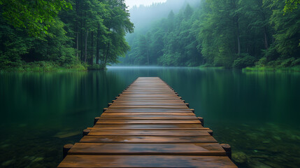 Stunning hyper-realistic landscape of a forest lake with a wooden deck, green reflections, early morning mist, and peaceful natural ambiance perfect for relaxation