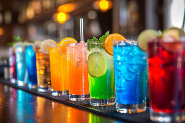 Close-up of cocktails of different colors laid out in one row on a bar counter in a nightclub, front view