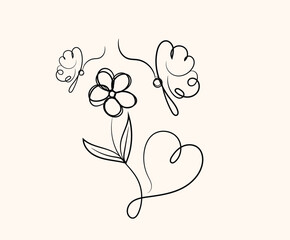 Hand-drawn floral heart vector design with pink flowers and leaves, perfect for spring nature cards, wedding decorations, or Valentine's Day greetings