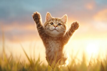 A playful tabby kitten stands on its hind legs with paws raised, surrounded by grass and bathed in warm, golden sunlight during sunset.