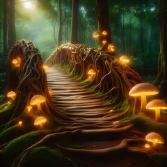 A forest scene with a bridge made of gnarled tree roots, illuminated by numerous glowing mushrooms along a winding path.