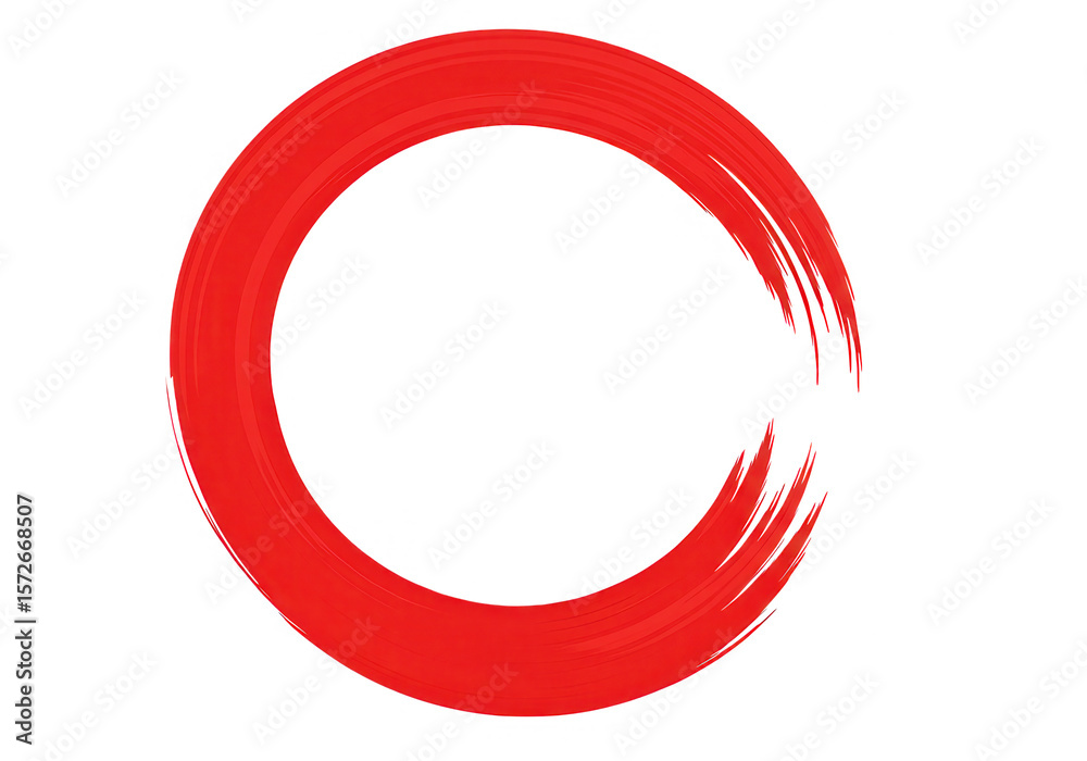 Poster a red brush stroke forms an incomplete circle, creating an abstract artistic design on white isolate