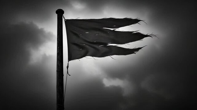 Torn black flag waving against dark cloudy sky  
