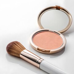A close up of a blush compact with a mirror and a makeup brush on a white surface in soft lighting