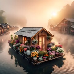 A floating house on a misty lake, adorned with numerous potted flowers