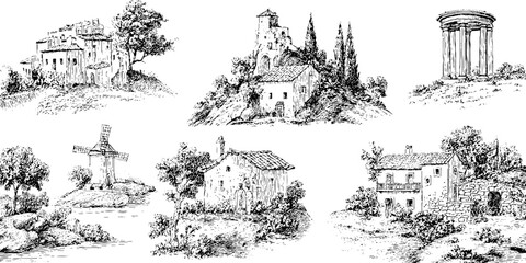 Vintage rural architecture illustration set: hand-drawn engravings of classic european landscapes
