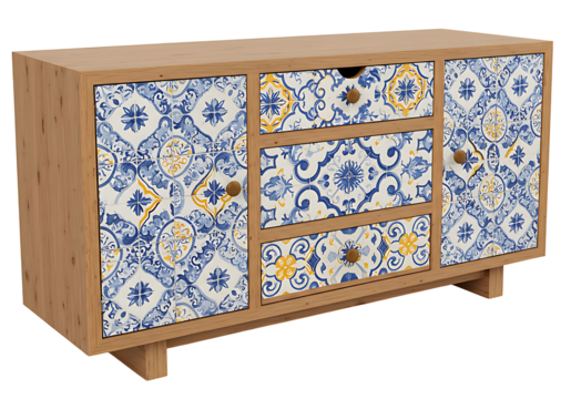 Stylish sideboard cabinet with colorful blue and yellow patterned doors and drawers brings a touch of bohemian flair to any interior space.