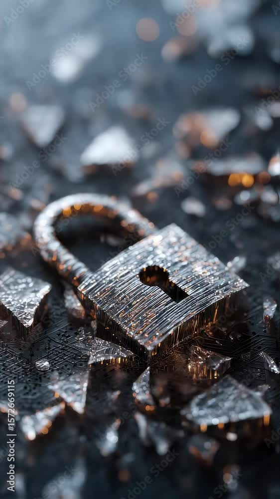 Poster a conceptual image of shattered data icons and a padlock on a digital interface background showcasin
