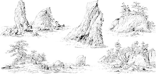 Obraz premium Vintage coastal landforms black and white hand drawn engravings for art and design