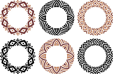 A set of African decorative circle ornament vector illustration. Hand drawn circular ethnic art for bohemian interior design. Tribal pattern for plate, rug or other round printing design. Ring art.