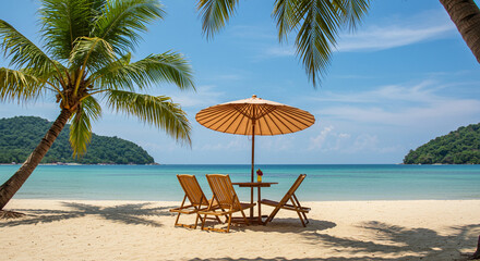 Tropical beach scene featuring palm trees, sun umbrella, and wooden chairs, with ocean view.