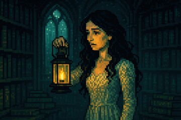 Fototapeta premium young woman holding a lantern in a dimly lit library, surrounded by towering bookshelves, evoking a sense of mystery and exploration in a pixel art style