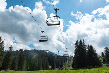 Empty and unoccupied ski lift during summer, Chatzenberg, Swiss Alps. Switzerland, Canton St....