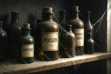 Array of antique potion bottles labeled poison, potion, and witch's brew with cobwebs, evoking a mysterious and eerie atmosphere in a dimly lit setting.