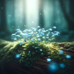 A cluster of tiny blue forget-me-not flowers growing on vibrant green moss, nestled within a softly lit, misty forest environment.