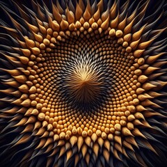 An abstract pattern resembling a sunflower's center, composed of numerous textured, pointed elements in shades of orange, yellow, and black.