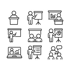 Student presentation vector icons set. Outline symbols. Line design