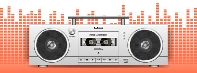 Vector white portable vintage stereo tape recorder with cassette deck and speakers in a modern design. Audio recording device. Retro music gadget. Sound system. Equalizer