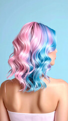 Fototapeta premium woman with long curly hair, two colors, standing with her back against a gradient background
