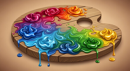 Illustration of a Wooden Paint Palette with Colorful Blobs