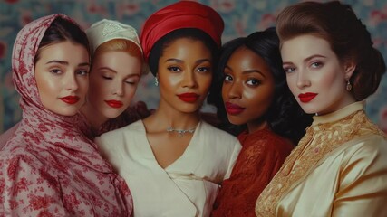 Group of women in vintage fashion, wearing dresses and headwear from the 1920s era.