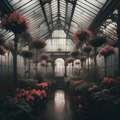 A grand, old greenhouse interior with a glass roof, filled with lush plants and hanging baskets of vibrant pink and red flowers.