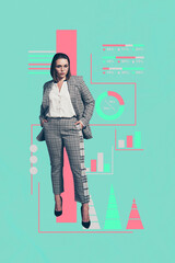 3d sketch poster trend collage of happy businesswoman businessman stand chart development aim...