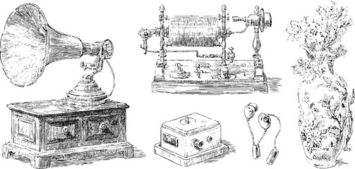Vintage hand drawn engravings of antique phonograph, floral vase, and radio components