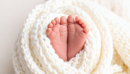 Newborn foots in the white knitted blanket, sweet background