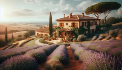 A picturesque landscape featuring a traditional villa surrounded by rows of vibrant lavender fields under a soft, cloudy sky.