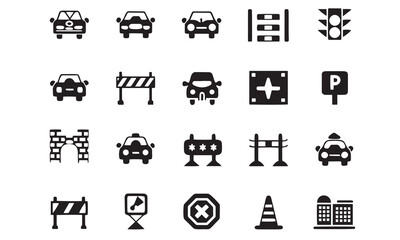 Transportation and Traffic Icon Set Highway, Car, Road, and Traffic Sign Symbols

