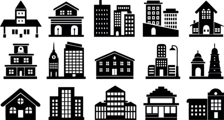 Obraz premium Vector art of a collection of black building silhouettes represents urban architecture and real estate concepts