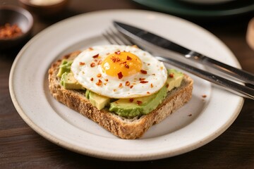 Delicious Healthy Avocado Toast with Fried Egg and Chili Flakes on White Plate