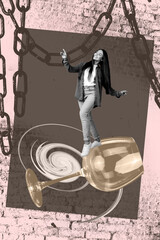 Pop image sketch art collage of happy girl guy stand alcohol beverage glass chain pub celebration...