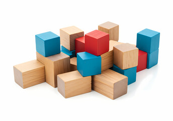 Obraz premium A Collection of Wooden Blocks in Blue Red and Natural Wood Tones