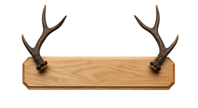Two deer antlers grace a wooden plaque against a transparent background, showcasing wildlife trophies and rustic decor elements.