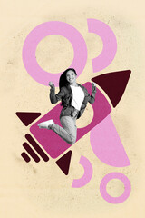 3d sketch poster trend collage of happy businesswoman businessman stand rocket flight project...