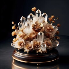 A beautiful centerpiece arrangement of clear quartz crystals and delicate golden flowers, creating an elegant and sparkling display.