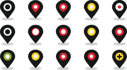 Vector art of a set of colorful map pin icons indicates various locations on a white background
