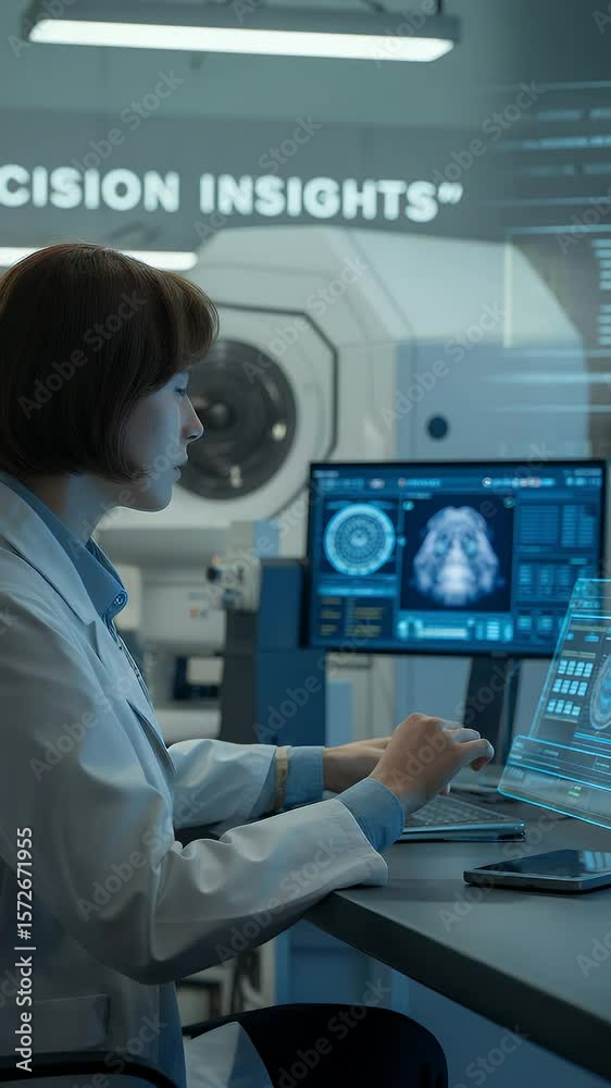 Poster precision insights: a scientist meticulously analyzes intricate data displayed on a computer screen,